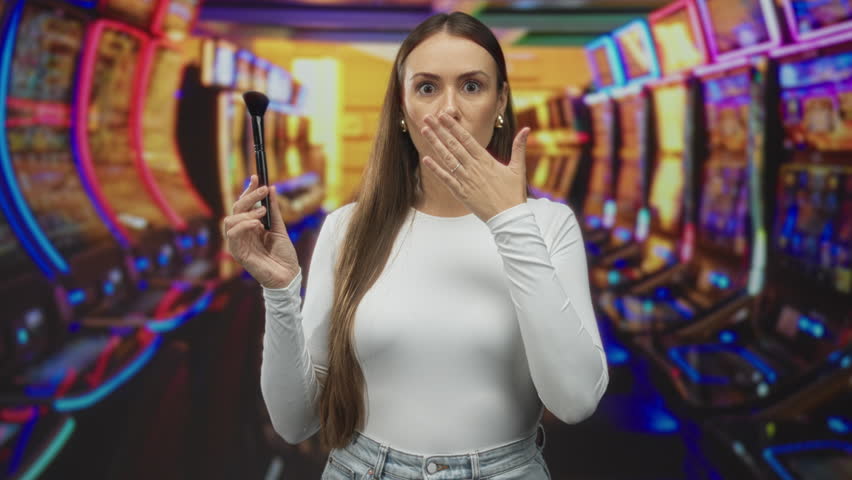 Woman holding makeup brush and touching chin while inspecting bristles amid slot machines in a casino gaming building; concern reflection.