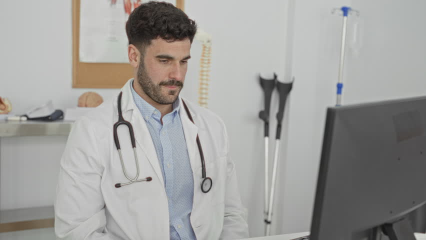 Man doctor rubbing his neck with stethoscope at clinic building desk using computer, indicating neck pain and discomfort; fatigue stress.