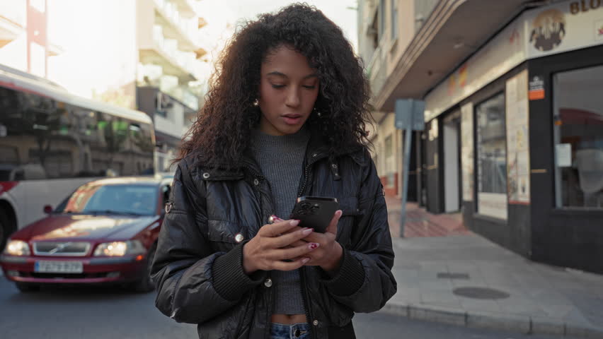 Young woman holding smartphone with hands and looking sideways on a city street with parked cars and storefronts; contemplation waiting.