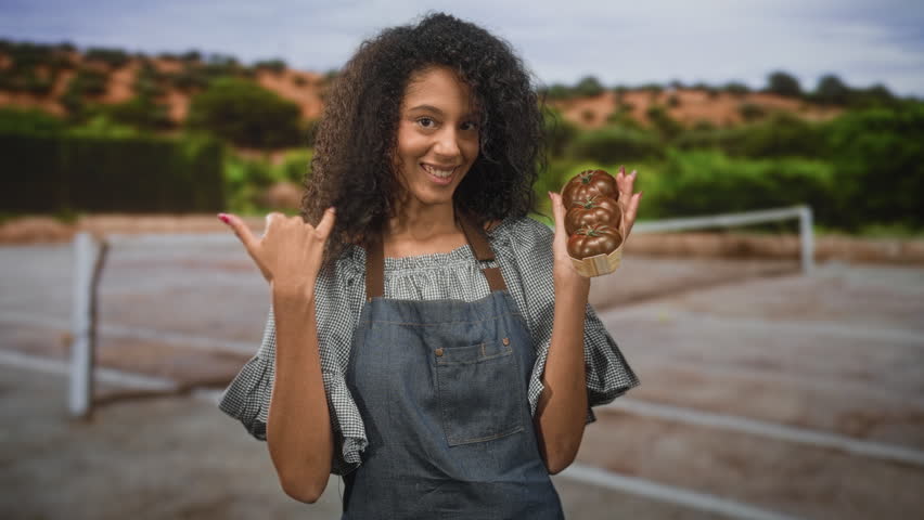 Teen woman with curly hair points finger at camera while holding a small wooden tray of tomatoes on a farm; confidence.