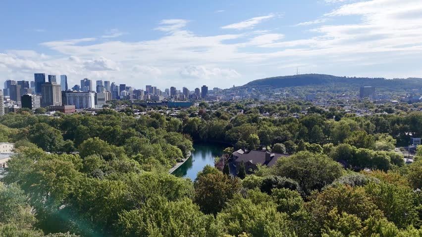 Aerial view of Montreal Parc La Fontaine with greenery and urban grid in the background. g.