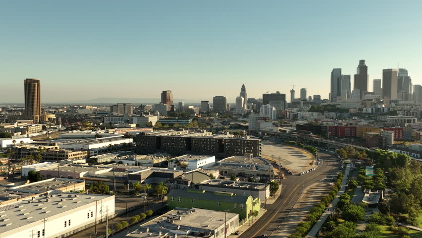 Los Angeles Downtown Skyline from Chinatown Aerial Shot R California USA