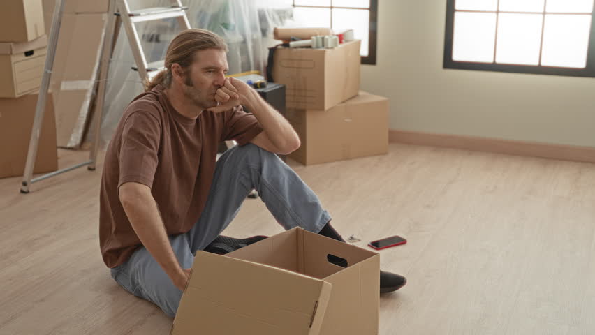 Man sitting on floor next to open cardboard box, hand to forehead, packing amid stacked boxes and ladder in building; fatigue uncertainty.