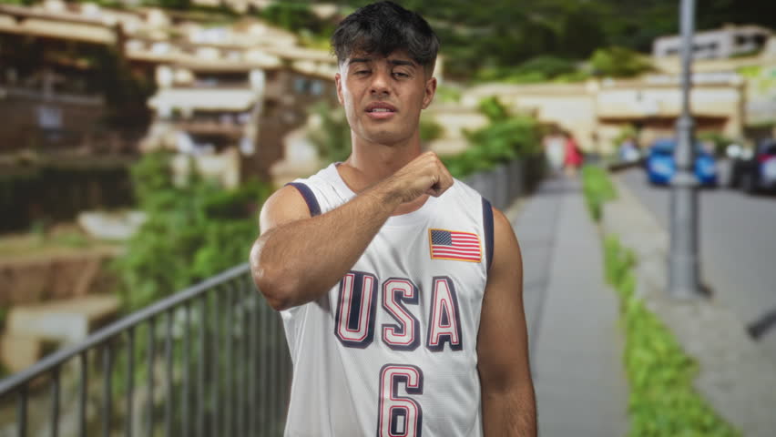Man in usa basketball jersey points finger to flag patch on chest while gesturing with other hand on a residential street with railing and parked cars; pride.
