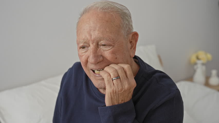 Senior man biting his nails with hand at mouth while seated on bed in a building; anxiety reflection.