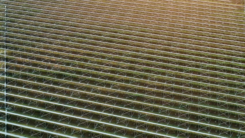 Aerial drone view of a large solar farm producing renewable electricity, highlighting clean energy adoption, sustainable infrastructure, and modern solutions for reducing carbon emissions worldwide.
