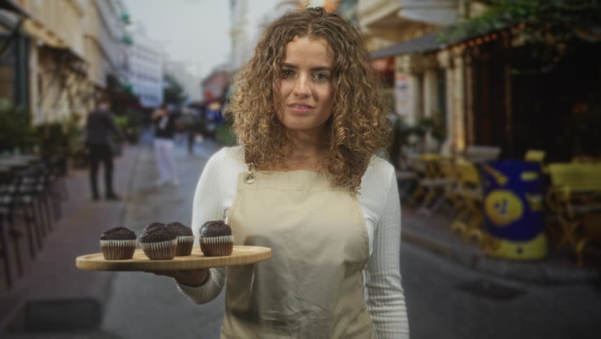 Woman holding a wooden tray of chocolate muffins wearing beige apron on a busy street cafe; hospitality invitation.