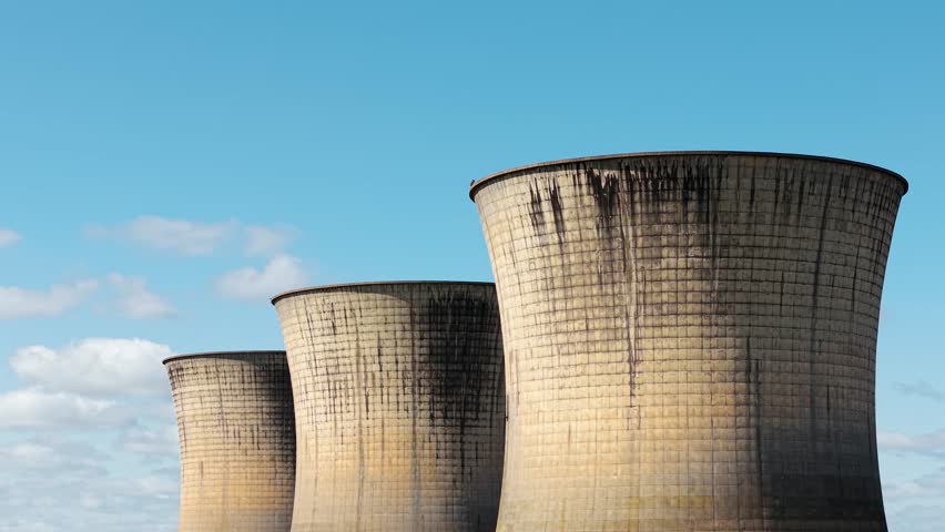 Perspective line of nuclear cooling towers forming repeating industrial pattern against blue sky. Energy sector transition and sustainability issues reflecting through abandoned atomic site