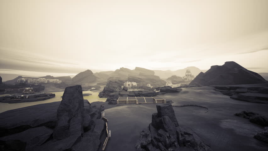sepia coastal landscape with rocky shore, panoramic aerial view of rugged islands and mountains, calm inlet waters reflecting pale sunrise, misty horizon