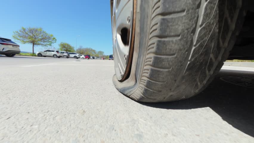 Close-up of a vehicle moving with a severely deflated tire on a city street. Dangerous driving condition, punctured tire, and roadside emergency concept.