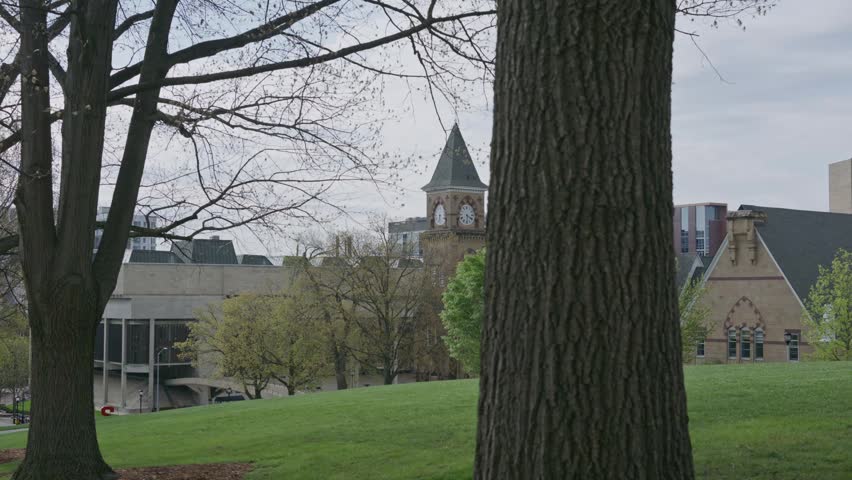 Cinematic gimbal dolly shot of Music Hall at University of Wisconsin with tree foreground and smooth stabilized camera movement.