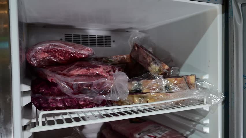 Vacuum packed raw meat stored in freezer