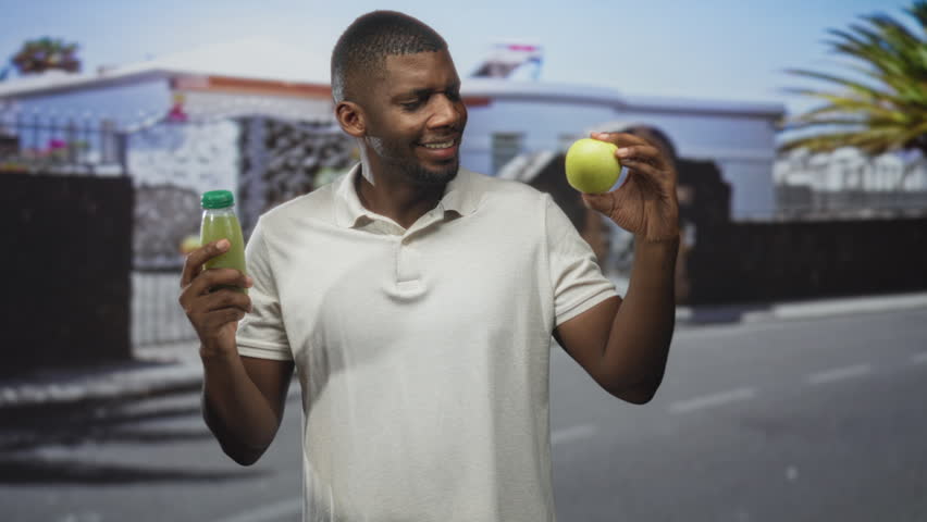 Man holding green juice bottle and green apple, grimacing while comparing choices at street; doubt health choice.