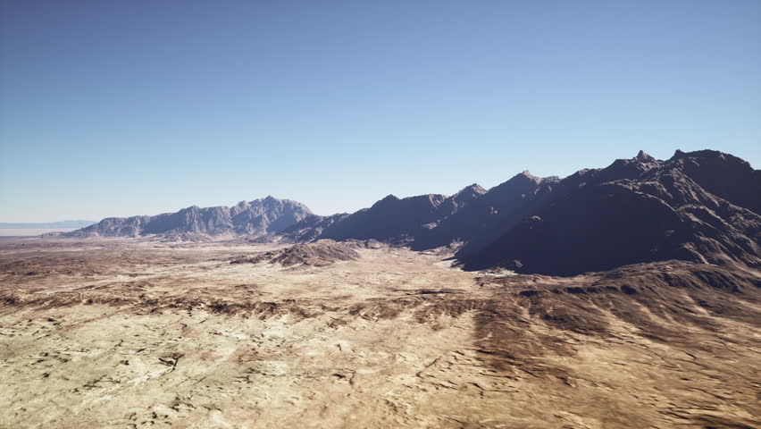 wide desert valley under clear sky, rugged rocky ridge and distant mountain range, sunlit arid plain with scattered scrub, baked earth textures and subtle haze,