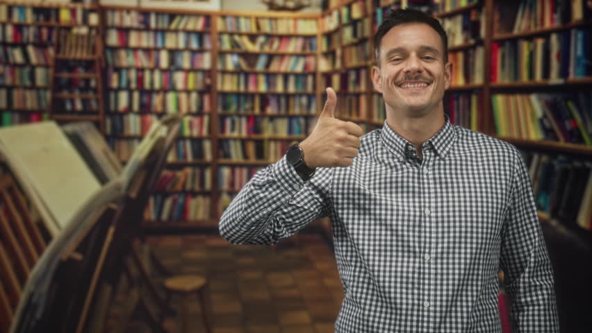 Man with moustache shows thumbs up in a library building with bookshelves and an open bookstand; learning confidence happiness.