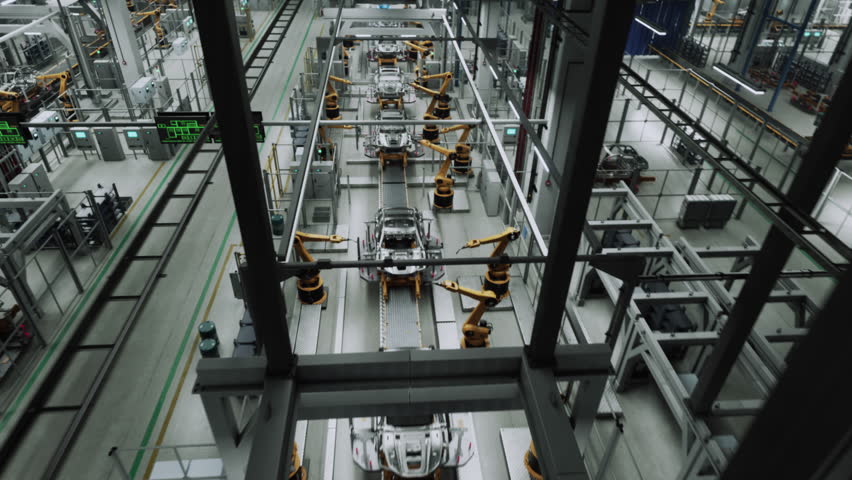 Car Factory Visualisation Shows Robotic Arms Assembling Vehicles on Conveyor Line. AI Computer Vision Digital Data Overlays, Smart Factory Automation, Production Digitization. Cinematic Camera