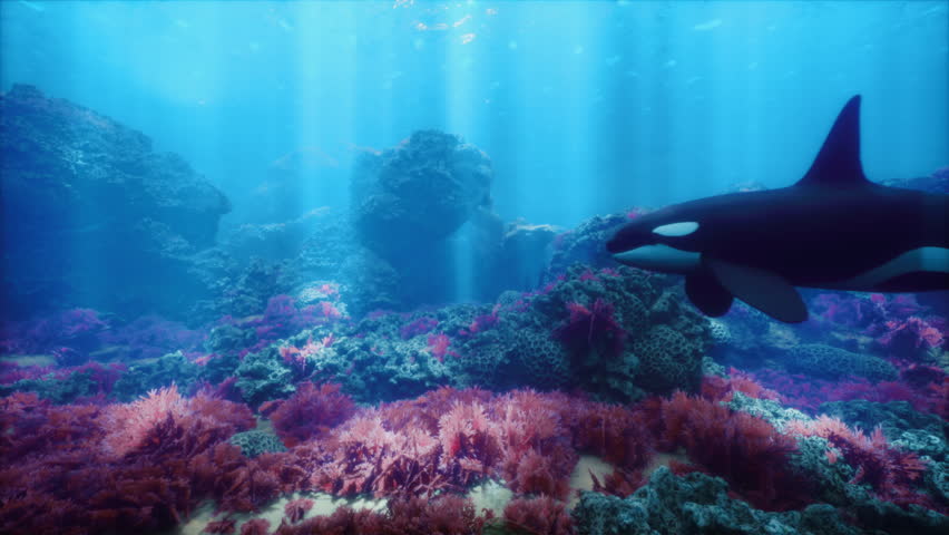 Orca Whale Swimming Low Above a Coral-rich Ocean Floor, Hunting for Reef Fish. Marine Biodiversity, Conservation, Wild Nature Habitat.