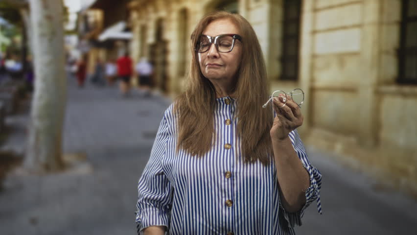 Older woman holding a pair of glasses in her right hand, wearing a striped blouse, standing on a pedestrian stone street by a historic building; skepticism independence.