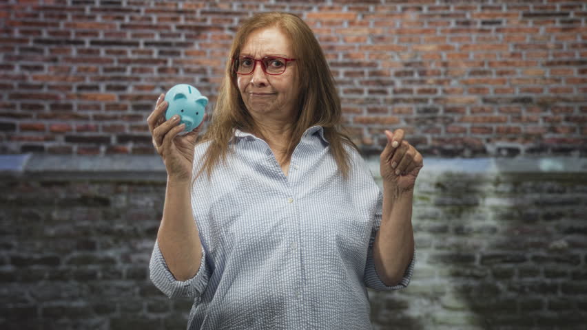 Woman holding blue piggy bank and points finger toward viewer in front of brick building; financial planning concern.