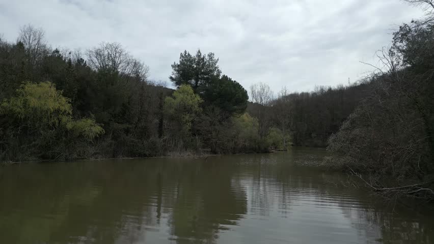 Aerial view flying sideways over a tranquil swamp surrounded by a dense forest under a cloudy sky. Peaceful natural landscape in Taradell, Catalonia, revealing reflections on the water