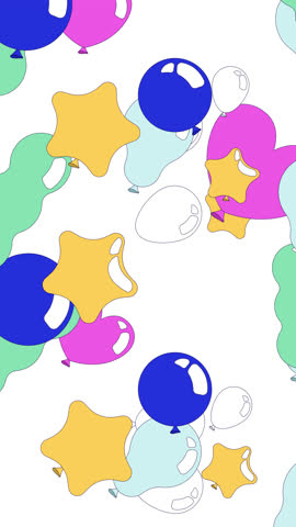 Party balloons falling effect vertical animation. Heart star baloons. Transparent overlay for social media and mobile apps. Animated 2D objects cascading down. Motion graphic with alpha channel