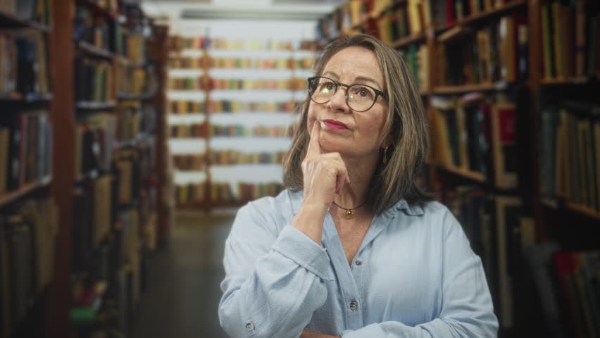 Woman hand on chin gesture in a building library aisle wearing glasses and light blue shirt; thoughtful curiosity.