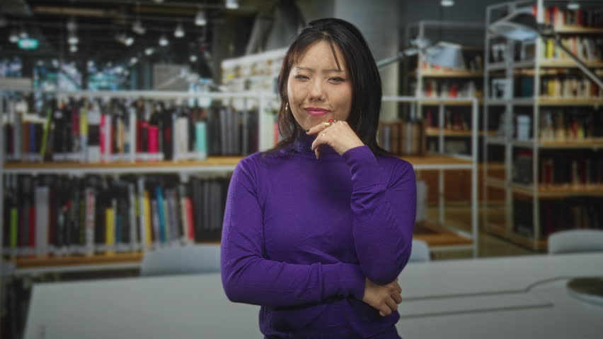 Young chinese woman touches chin with ringed hand amid bookshelves in building wearing purple turtleneck; quiet contemplation.