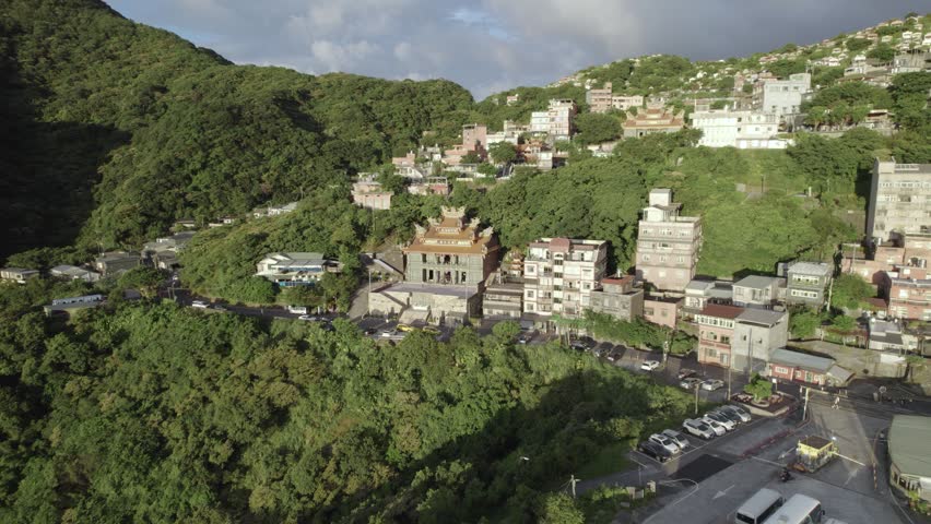 Aerial view of a taoist temple after prayer in a famous Jiufen village on a mountain in Taiwan on the east coast. Very popular tourist destination