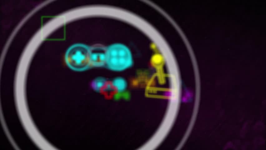 Crosshair activating warp, central black core pulsing, neon icons sliding, showcasing gaming tunnel. Eye, aperture, glow, beams, parallax, digital, glyphs