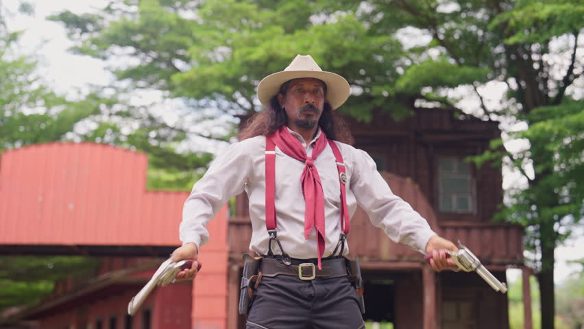 One man with cowboy costume show skill of spin or twirl a gun and stay in front of western style house and look professional to present.