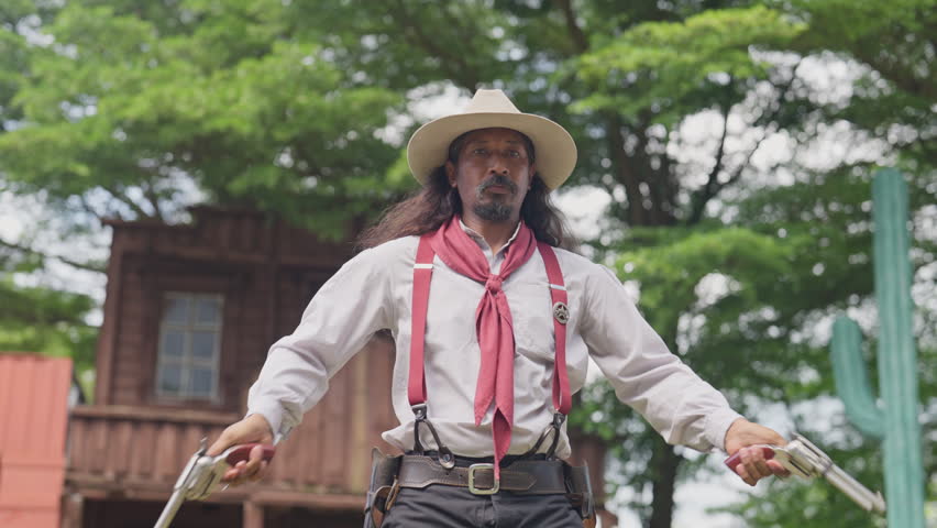 Lower view of man with cowboy costume show skill of spin or twirl a gun and stay in front of western style house and look professional to present.