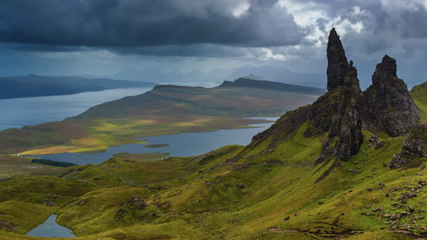 Timelapse showing dramatic storm clouds moving over Old Man of Storr, Isle of Skye