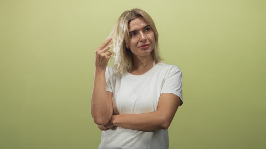 Young woman touching hair with fingers and crossed arms in studio green backdrop, wearing white tshirt; thoughtful curiosity.