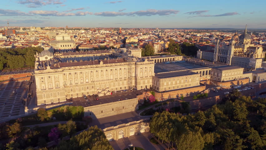 Aerial view of Royal Palace. Madrid. Spain. Medieval Buildings Landscape. Santa Maria Cathedral.