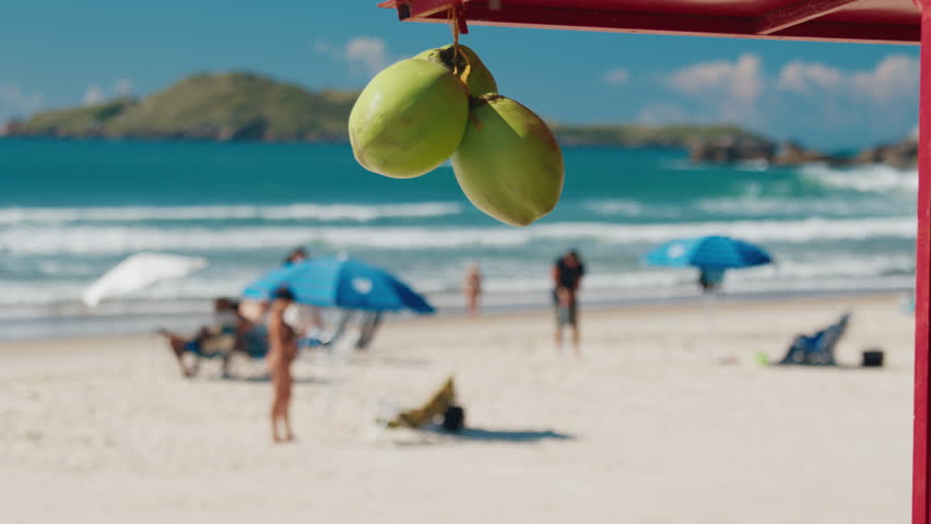Food track with drinks and fruits on the sandy Brazilian beach