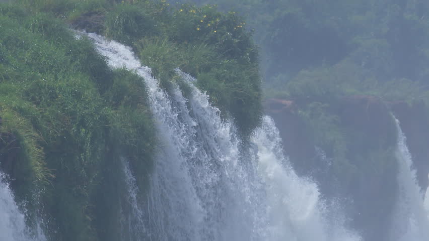 Powerful Iguazu waterfall with strong water flow surrounded by green trees