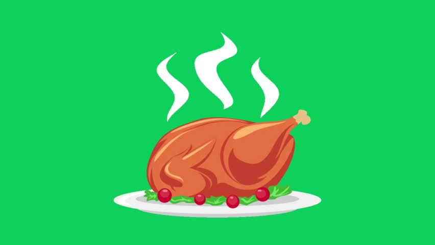 A colorful vector illustration of a roasted turkey on a white plate, garnished with cranberries and herbs, with steam rising,