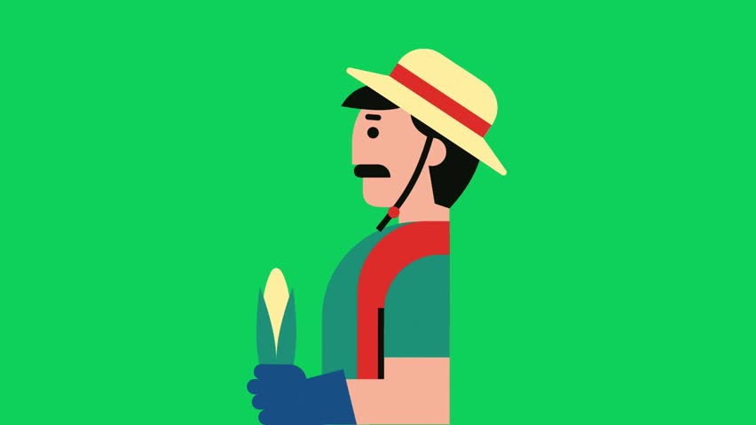 A flat vector illustration of a cartoon fisherman holding a fish, set against a solid green background.