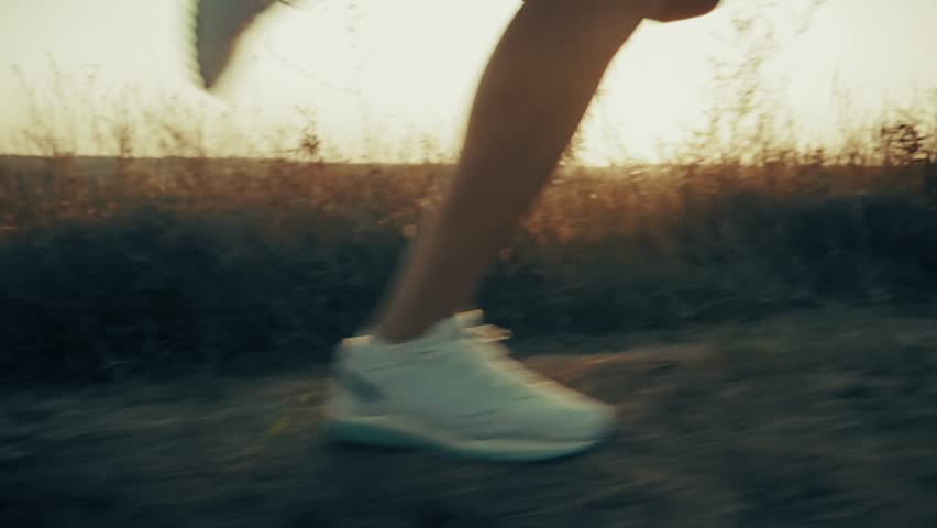 Runner training for cardio fitness at sunset. Sportsman performing intensive training session on the road. Active training routine helps improve stamina. Fast runner moves along the path during sport workout. Athletic runner maintains high speed on the asphalt trail. Evening sunlight illuminates the active sportsman during an intensive workout. Healthy lifestyle starts with regular running on the outdoor track. Training session develops physical endurance and strong leg muscles effectively