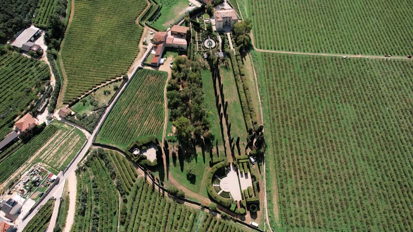 Manicured lawns and symmetrical landscape features. Historic estate with formal hedges and central water feature