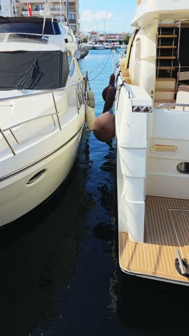 Two boats are tied to the dock in the marina. vertical video