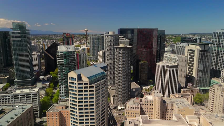 Seattle downtown aerial between residential towers Space Needle