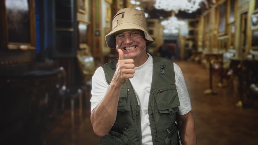 Man in fishing vest and bucket hat points finger and gestures in an ornate museum building corridor with chandeliers and framed paintings; playful contrast.