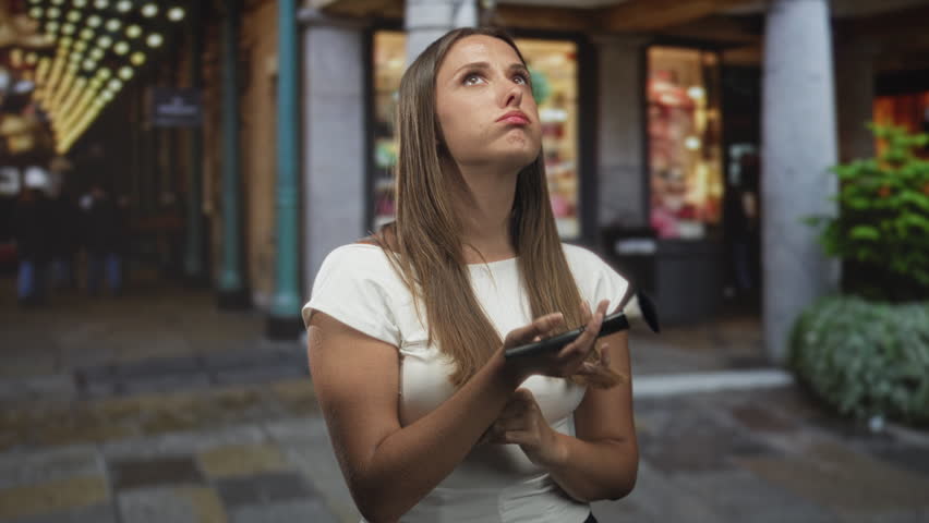 Young woman applying makeup brush to cheek, hands covering mouth gesture, brunette in white tee amid lit shopping street; surprise beauty vulnerability.