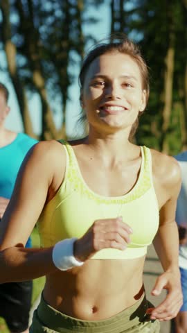 Joyful Female Runner in Bright and Colorful Sports Attire, Radiating Happiness and Energy