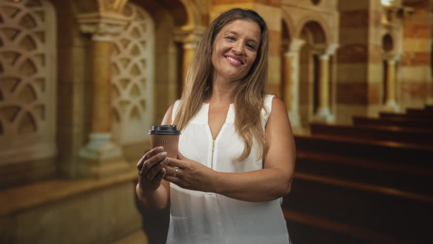 Woman holding a paper coffee cup with both hands in a historic building aisle, smiling and looking down at the cup; contentment reflection.