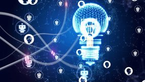 Neon wireframe bulb pulsing from magenta pulses, tokens falling and clustering, showing data flow. Cyberspace, blue, futuristic, cables, nodes, grid, parallax - Powered by Shutterstock - Get 15% off with code: PIKWIZARD15
