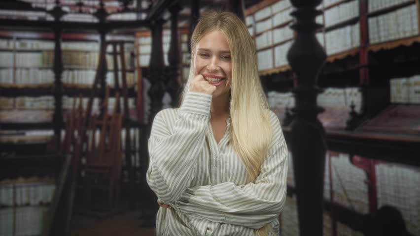Woman blonde smiling with finger to chin and crossed arms amid tall bookshelves in library building; playful curiosity.