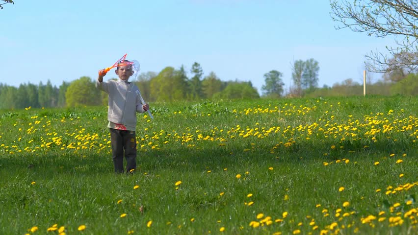 Young Boy Blowing Large Soap Bubbles in Dandelion Field, Child Playing in Sunny Spring Meadow, Happy Childhood Outdoor Activity in Nature