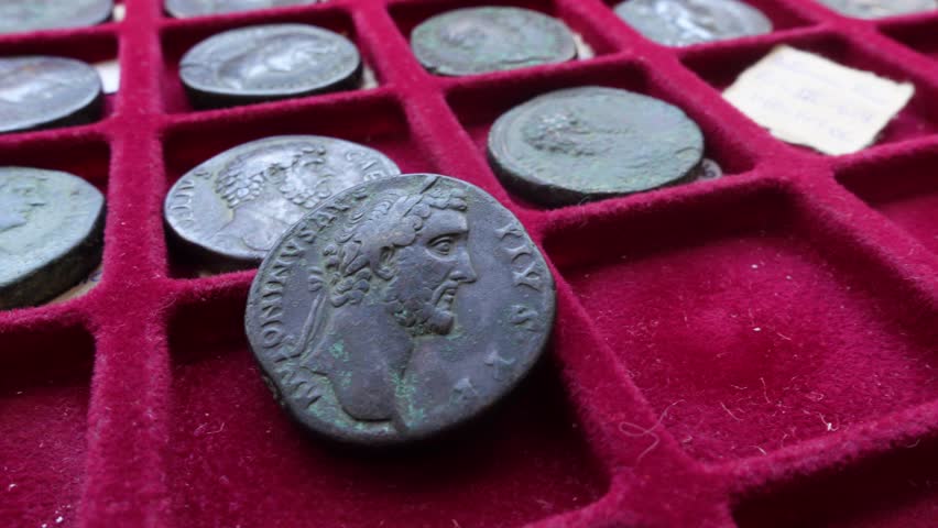Old Bronze Roman Coins. Numismatic Collection Background